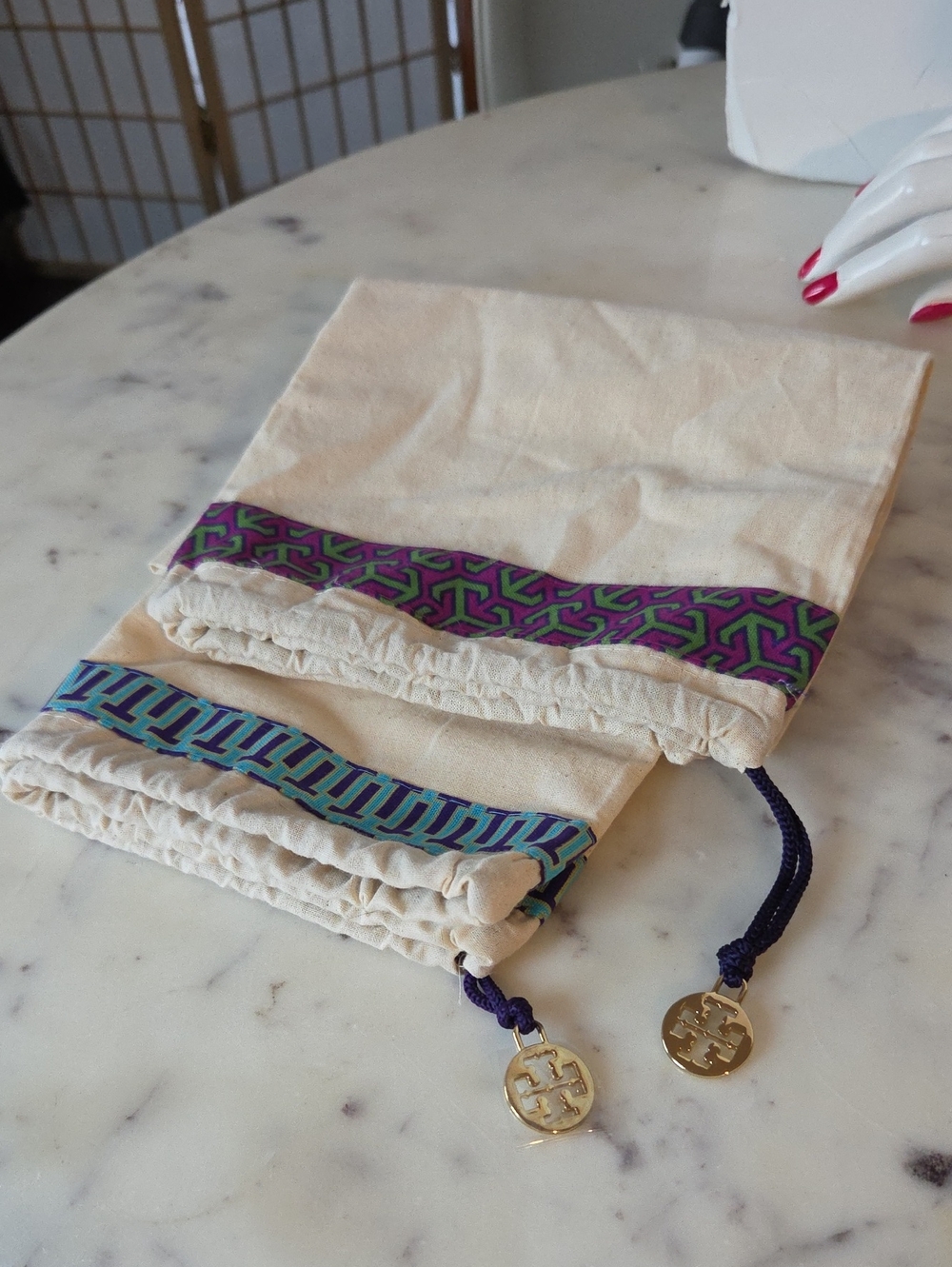 Tory Burch Cream Drawstring Pouches with Purple and Teal Trim (2)